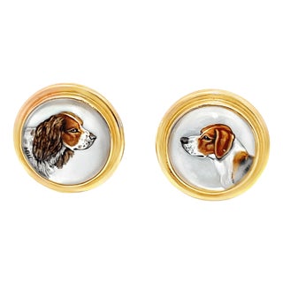 19th Century Victorian 14k Yellow Gold Essex Crystal Reverse Painted Dog Earrings, A Pair For Sale
