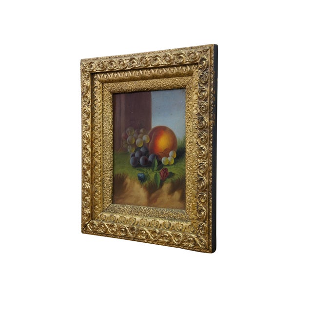 Realism Antique Carducius Ream Peach Grapes Flowers Still Life Oil Painting on Board 15" For Sale - Image 3 of 12