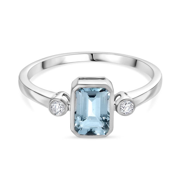 Metal 14k White Gold Aquamarine Diamond Three Stone Ring Size 5.5 For Sale - Image 7 of 12
