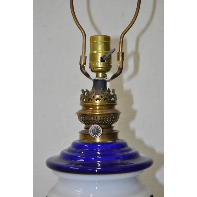 Converted Milk & Cobalt Glass Kerosene Table Lamp For Sale In San Francisco - Image 6 of 6