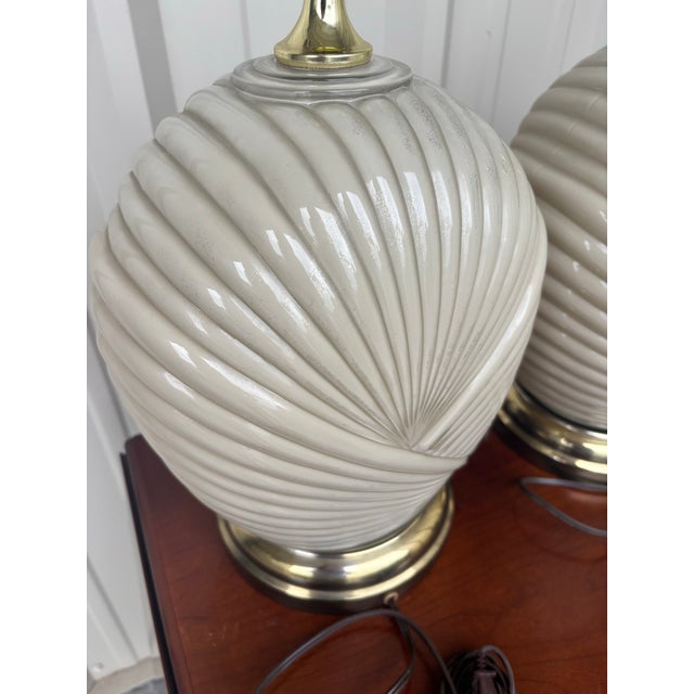 Ceramic Sculptural Postmodern Ivory Ceramic Spiral Shell Table Lamps, 24”h, a Pair For Sale - Image 7 of 11