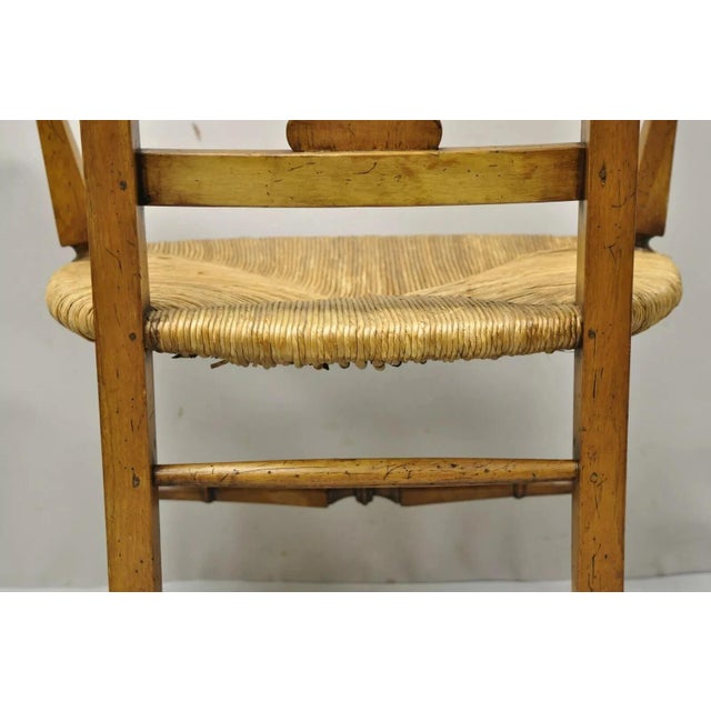Late 20th Century Vintage French Country Cherry Wood Italian Distressed Rush Seat Dining Arm Chair For Sale - Image 9 of 12