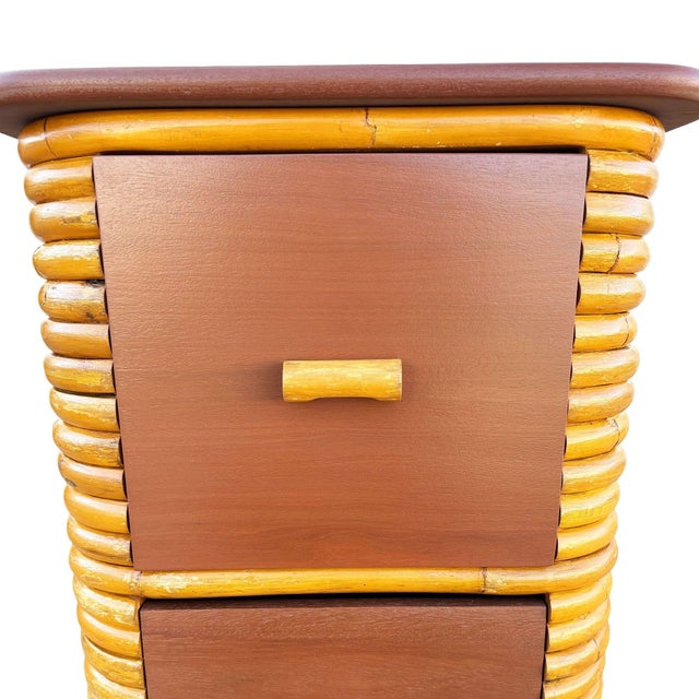Wood 1970s Restored Paul Frankl Style Stacked Rattan & Mahogany Cabinet W/ Drawers For Sale - Image 7 of 10