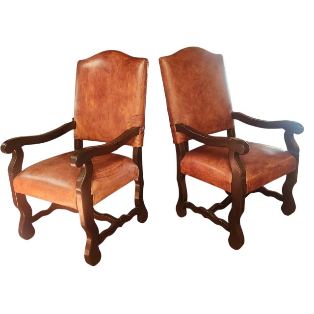 Rustic Vintage Leather Arm Chairs - A Pair For Sale - Image 3 of 10