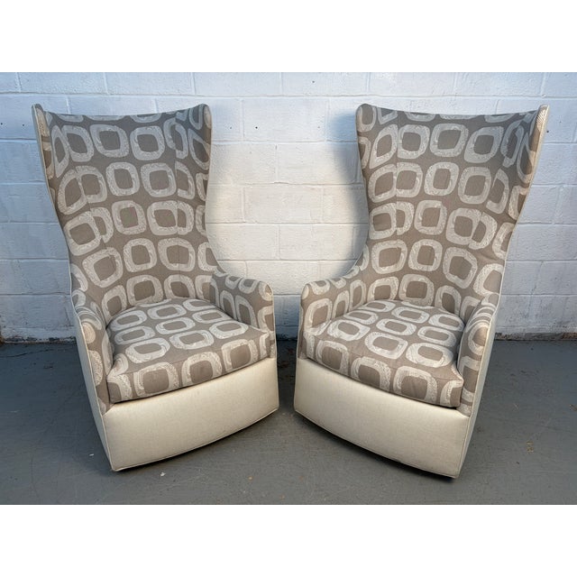 Textile Thayer Coggin Highback Swivel Wing Chairs For Sale - Image 7 of 11