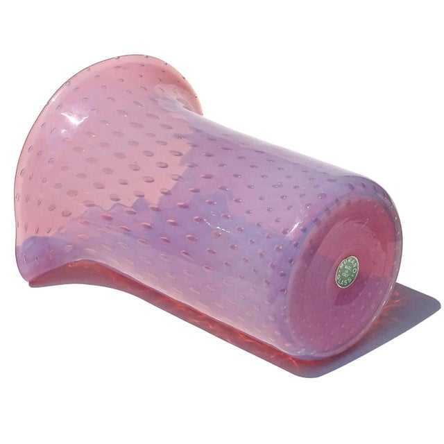 Murano Fratelli Toso Opalescent Pink Bubbles Vintage Italian Art Glass Scroll Top Flower Vase With Label For Sale - Image 11 of 12