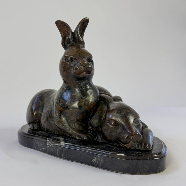 Contemporary Large Bronze Rabbit Sculpture on Marble Base – Mother and Baby Hare - 19"l For Sale - Image 3 of 11