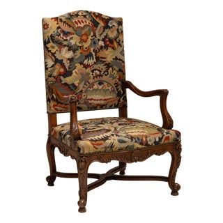 19th Century French Chestnut Brown Louis XV Upholstered Throne Armchair For Sale