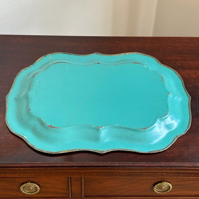 Early-20th Century Hand-Painted Teal & Gold Tole Serving Tray For Sale - Image 16 of 17