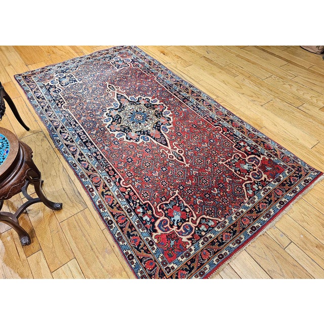 Textile Vintage Persian Bidjar Gallery Rug, Hand-Knotted Wool, Geometric Medallion Pattern, Red & Navy, 5x9 For Sale - Image 7 of 17