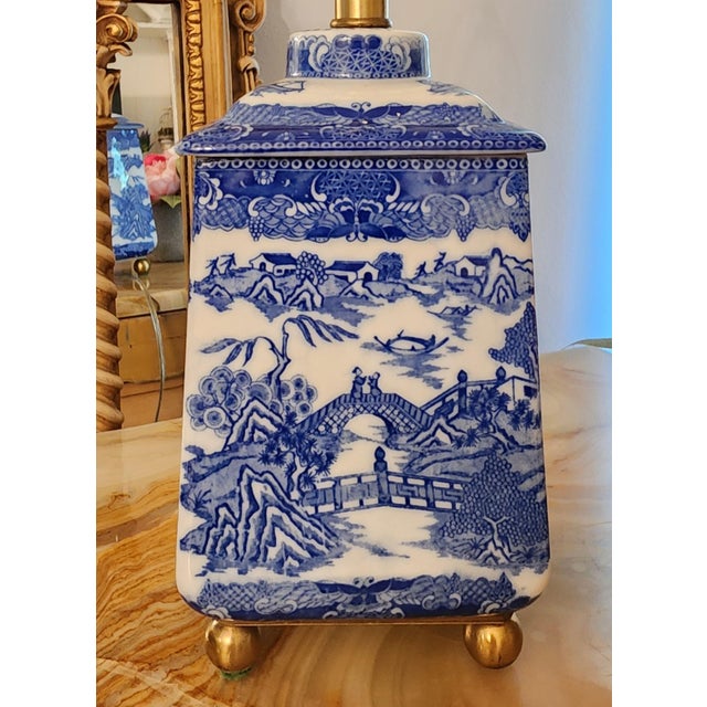 Metal Vintage Chinoiserie Blue & White Porcelain Pagoda Tea Jar Table Lamp For Sale - Image 7 of 12