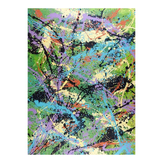 Abstract Expressionist Green Black Blue Painting Style of Jackson Pollock For Sale