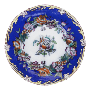 Antique Royal Blue Porcelain Plate – Floral & Fruit Motif