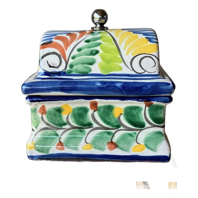 Colorfully Charming Late 20th-Century Talavera Lidded Box on Pewter Pedestal Base, Mexico For Sale