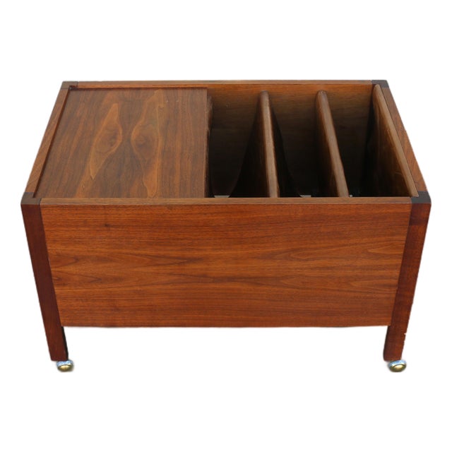 Mid-Century Modern Walnut Coffee Table With Leather Magazine Holder & Brass Casters, C. 1960s For Sale