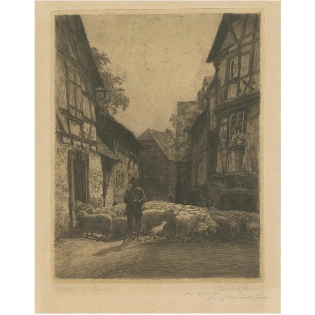 Conrad Rau, German Village, Shepherd & Flock, 1920, Etching For Sale