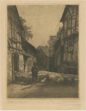 Conrad Rau, German Village, Shepherd & Flock, 1920, Etching
