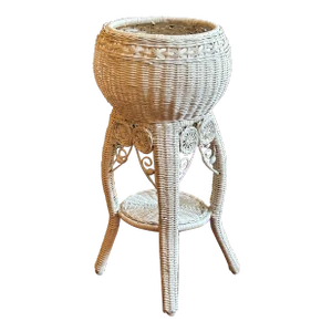 Mid-20th Century Boho White Wicker Pedestal Planter