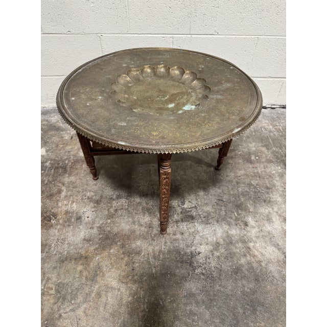 Moroccan Moroccan Style Brass Tray Teak Table For Sale - Image 3 of 9