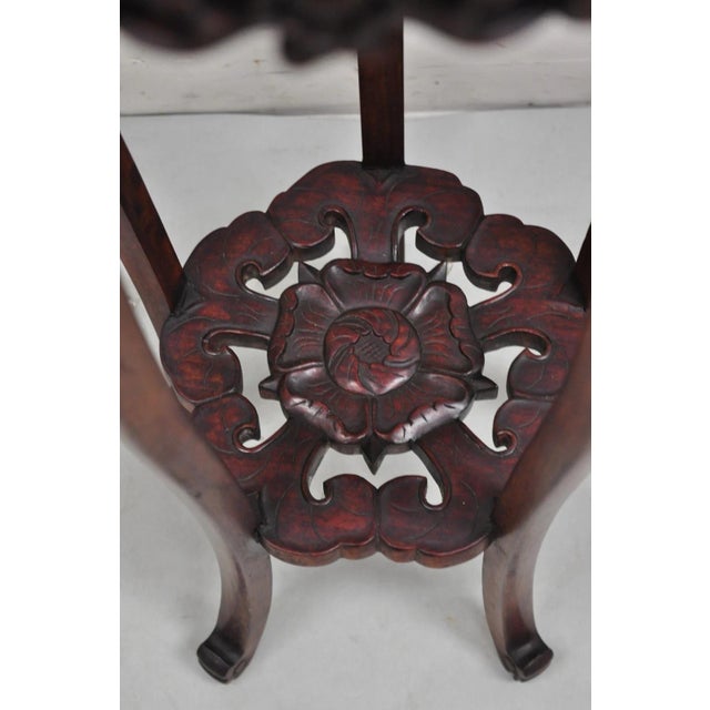 Chinoiserie Vintage Chinoiserie Chinese Carved Hardwood Marble Top Pedestal Plant Stand For Sale - Image 3 of 12