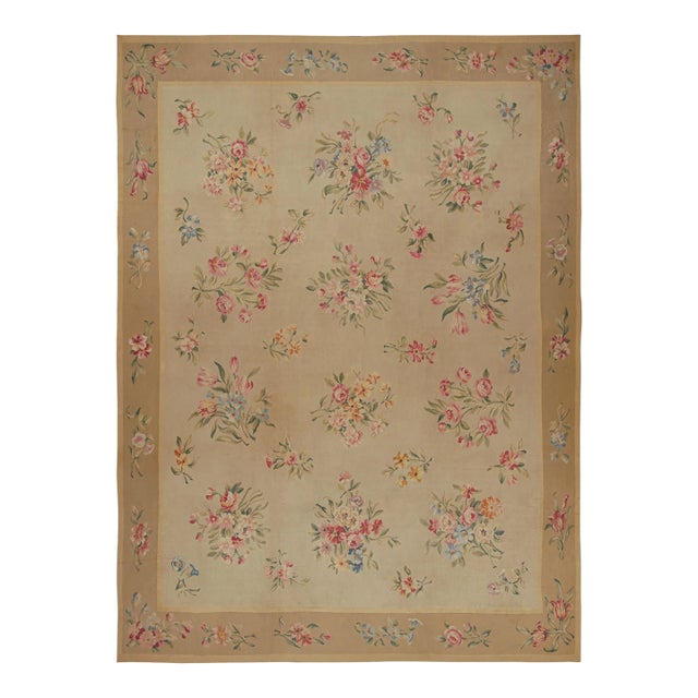 Antique Aubusson Rug in Beige-Brown With Floral Patterns, From Rug & Kilim For Sale
