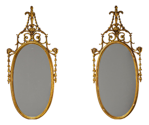 Mid-Century Oval Giltwood Wall Mirrors, Italy, Set of 2