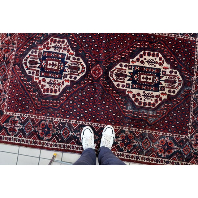 1950s, Vintage Persian Afshar Rug, Tribal Double Medallion, Red Field, 4 X 6 For Sale - Image 4 of 11