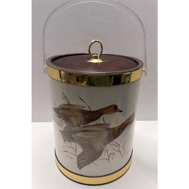 Vintage Attributed to Kraftware Ice Bucket With Ducks in Flight | Mid Century Barware | 1970s Gold Trim Wildlife Ice Bucket For Sale In Indianapolis - Image 6 of 8