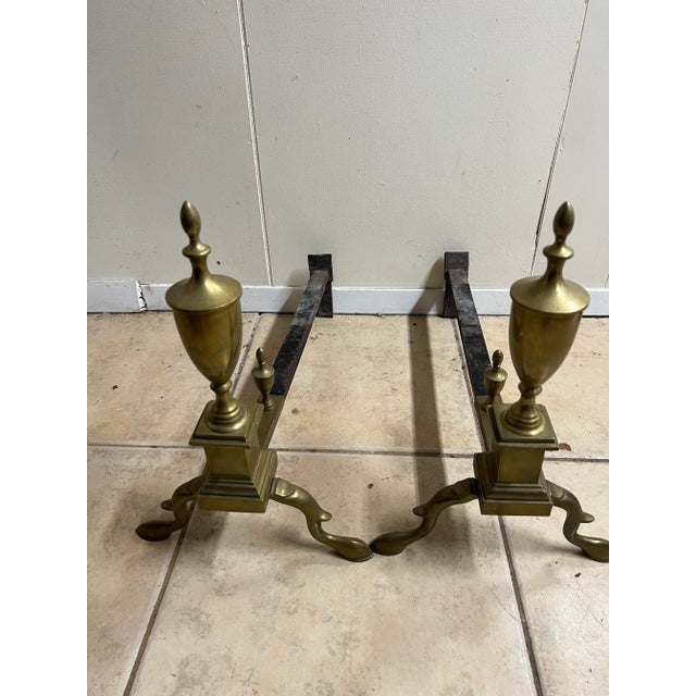 Vintage Pair of Victorian Queen Anne Style Polished Brass Andirons For Sale - Image 4 of 12