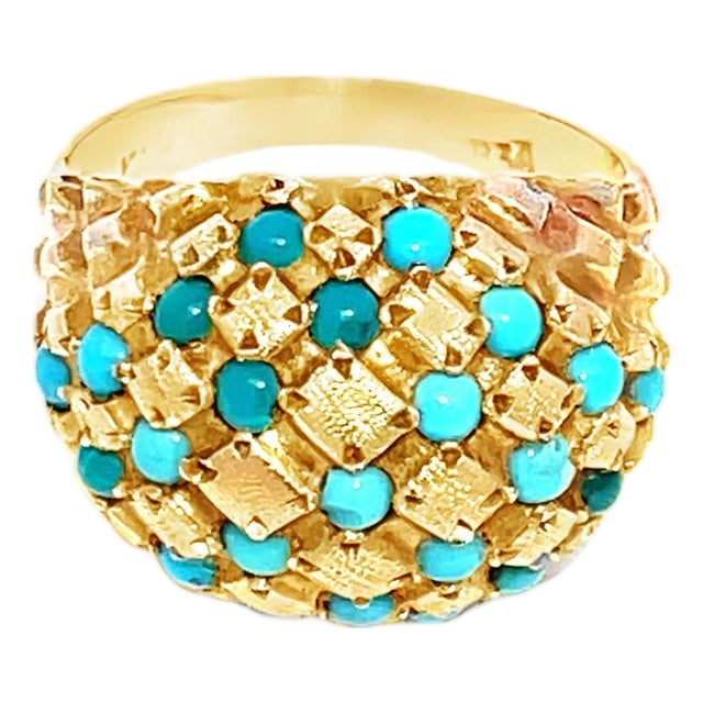 Mid 20th Century 18k Yellow Gold Vintage Turquoise Studded Ring, Size 5.5 For Sale