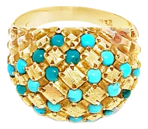 Mid 20th Century 18k Yellow Gold Vintage Turquoise Studded Ring, Size 5.5