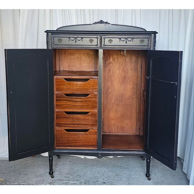 Boho Chic Black Wardrobe, Armoire Cabinet, Vintage Boho Style 1930's For Sale - Image 3 of 18
