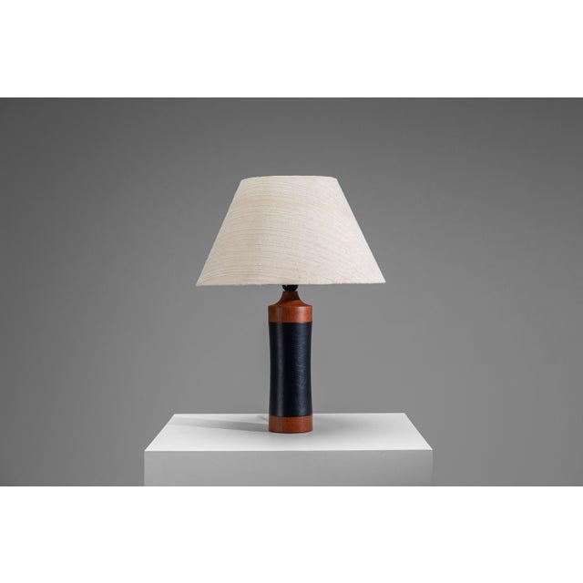 Teak Table Lamp with Black Leather Wrapping, 1960s For Sale - Image 4 of 12