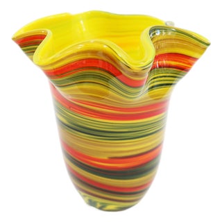 Large Italian Multicolored Swirl Fazzoletto Murano Glass Vase, 1970s For Sale