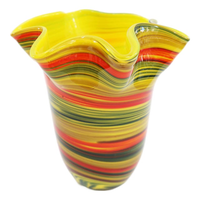 Large Italian Multicolored Swirl Fazzoletto Murano Glass Vase, 1970s For Sale