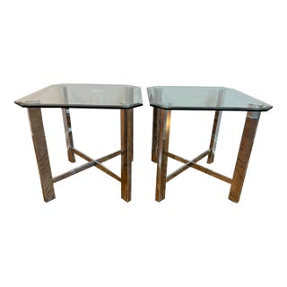 Pair of Vintage MCM Chrome & Glass X - Base End Tables For Sale