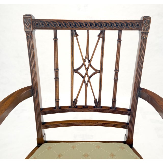 Wood Very Fine Carved Mahogany Open Arm Faux Bamboo Arrows Back Armchair MINT For Sale - Image 7 of 11