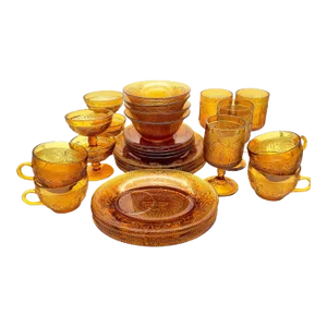 1970s Imperial Glass Tiara Daisy Sandwich Amber Glass Set- 28 Pieces
