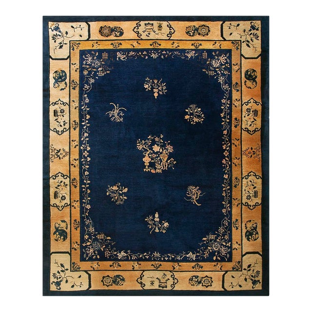 1920s Blue Navy Vase Floral Antique Chinese Peking Carpet 9'2" X 11'6" Knotted Wool Rug For Sale