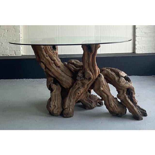 Vintage Mid Century Organic Shaped Burl Wood Root Table With Glass Top Glass Top Table table, with thick natural specimen...