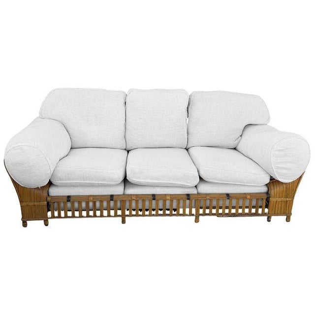 Full Art Deco-style "Presidents" Stick Reed Rattan Living Room Set, with a reclining Lounge chair, ottoman and a 3-seat...