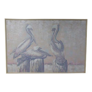 Mid 20th Century Large Format Acrylic on Canvas by Letterman - 3 Pelicans For Sale
