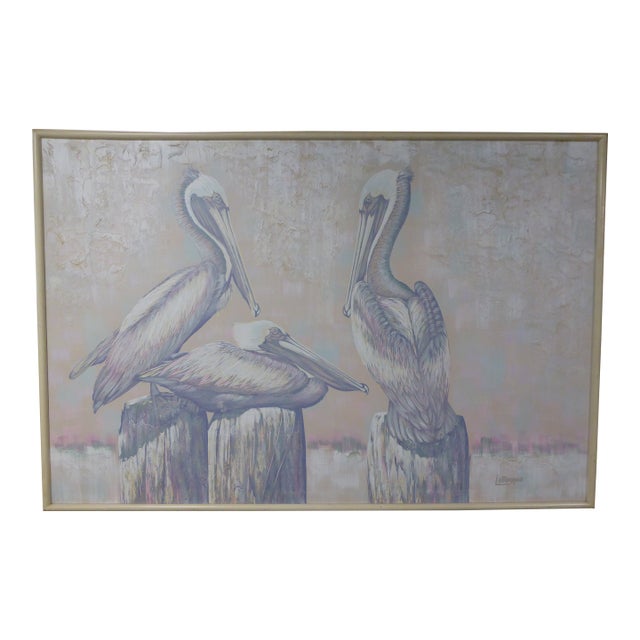 Mid 20th Century Large Format Acrylic on Canvas by Letterman - 3 Pelicans For Sale
