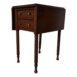 Antique Walnut Drop-Leaf Side Table With Two Drawers & Turned Legs For Sale