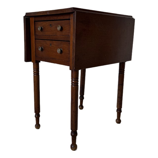 Antique Walnut Drop-Leaf Side Table With Two Drawers & Turned Legs For Sale