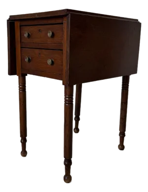 Antique Walnut Drop-Leaf Side Table With Two Drawers & Turned Legs