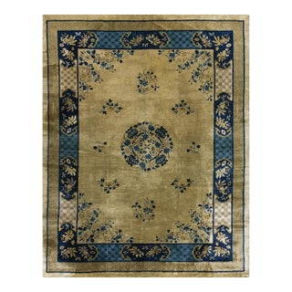 1920s Tan Beige Medallion Art Deco Antique Chinese Peking Carpet Knotted Rug For Sale