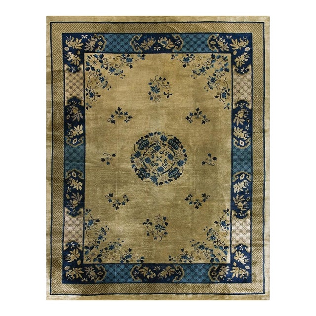 1920s Tan Beige Medallion Art Deco Antique Chinese Peking Carpet Knotted Rug For Sale
