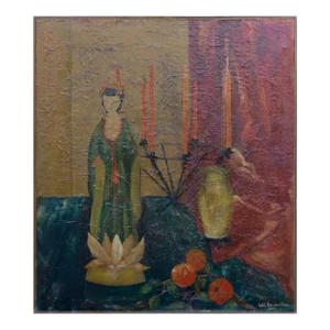 Mid Century Asian Doll and Lotus Flower Still Life by William Dollery-Pardy