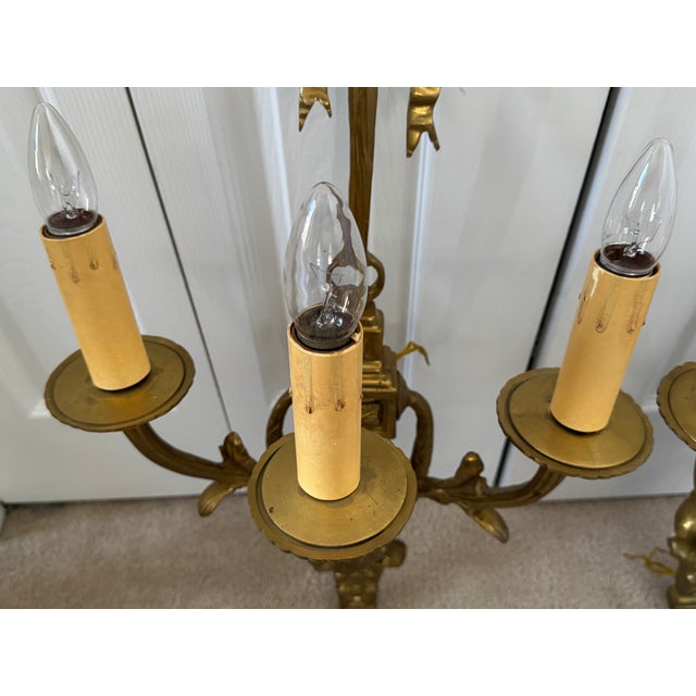 Metal Mid 20th Century Louis XIV Solid Brass 3-Arm Wall Sconces W/Ribbons For Sale - Image 7 of 17